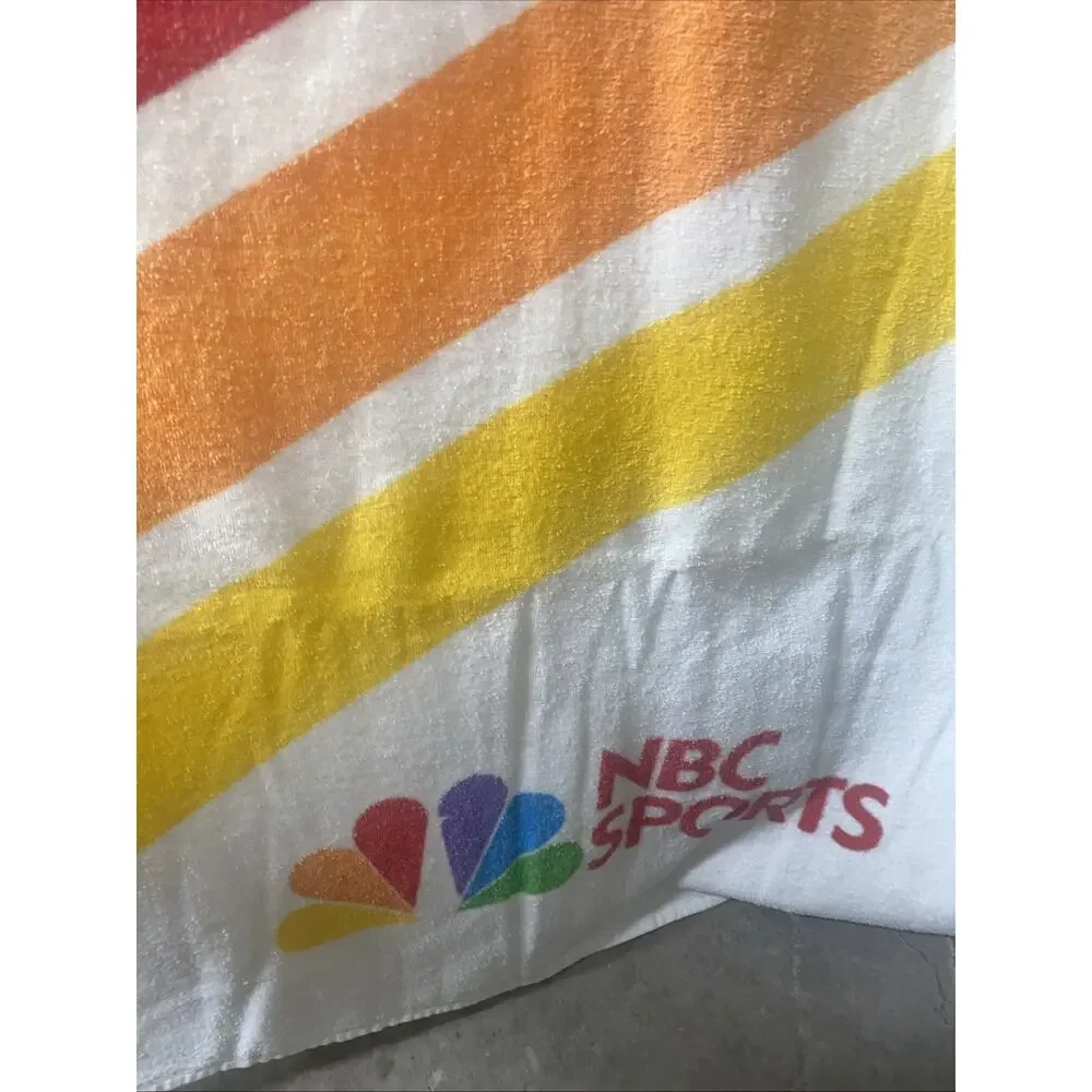 Vintage 90s NBC Sports Cotton BEACH TOWEL Peacock Rainbow 60” X 35.5” Loop Yarn